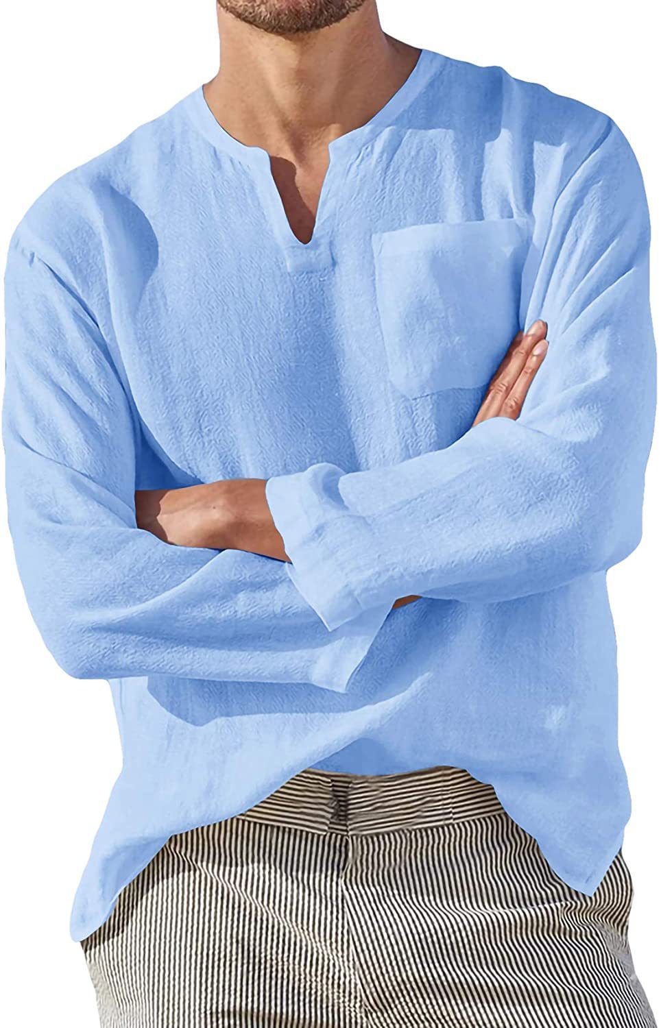 Men's Long Sleeve V-neck Shirt | Casual Beach Clothing