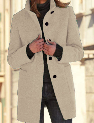 Fashion Chic Stand Collar Woolen Coat With Button And Pockets For Winter.