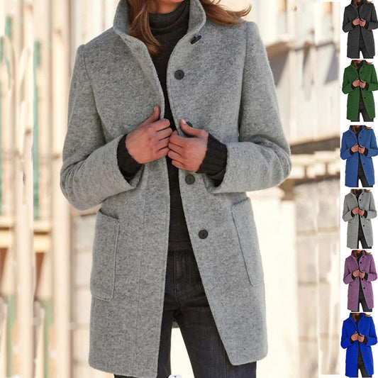 Fashion Chic Stand Collar Woolen Coat With Button And Pockets For Winter.