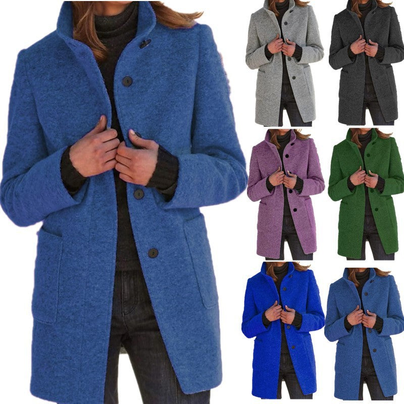 Fashion Chic Stand Collar Woolen Coat With Button And Pockets For Winter.