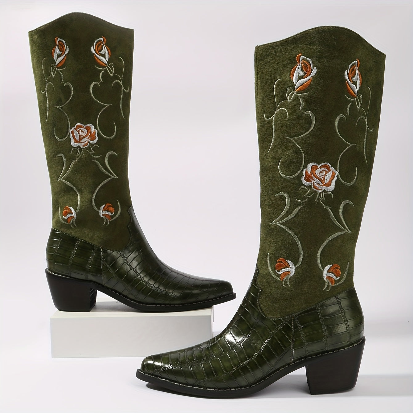 Womens Mid Heel Floral Embroidered Block Boots To Highlight  Round Toe