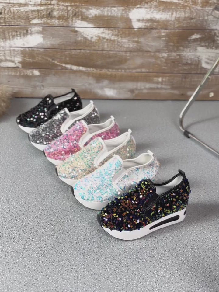 Womens Sequins Platform Sneakers Casual Low Top Slip On Wedge Sports Shoes Fashion Walking Trainers Carnaval