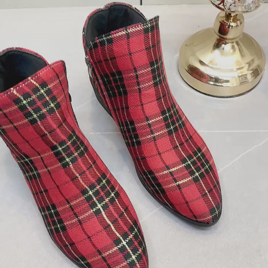 Womens Plaid Ankle Boots Christmas Style Chunky Low Heeled Boots Side Zipper Short Boots