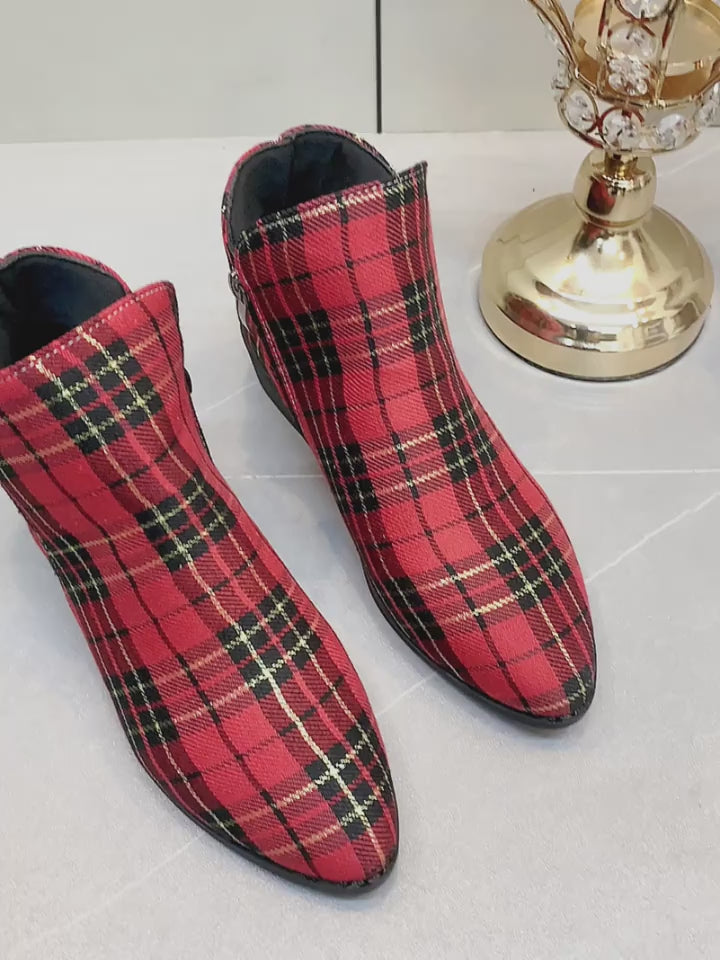 Womens Plaid Ankle Boots Christmas Style Chunky Low Heeled Boots Side Zipper Short Boots