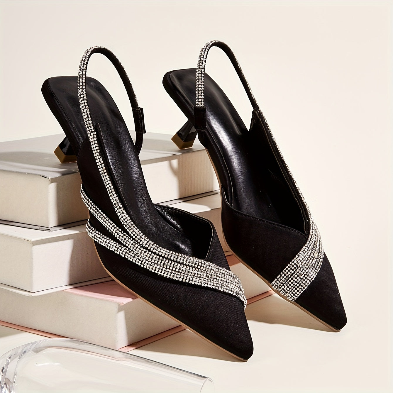 Elegant Rhinestone Slingback Mid Heel Pumps